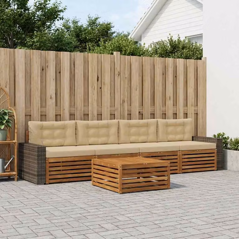 Set di divani da esterno vidaXL 5 pezzi in legno di acacia con tavolino e cuscini, colore beige e marrone