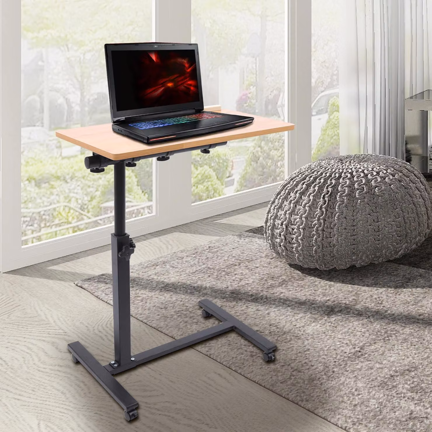 Tavolino per laptop con rotelle - Tavolino da divano/letto - Regolabile in altezza - Piano inclinabile - Struttura in metallo con piano in legno - Rettangolare - Marrone