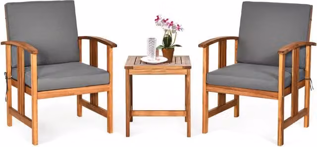 Set divano da esterno in legno di acacia a 3 pezzi con cuscini, Set di mobili da conversazione imbottiti per giardino Grigio-Set mobili da esterno