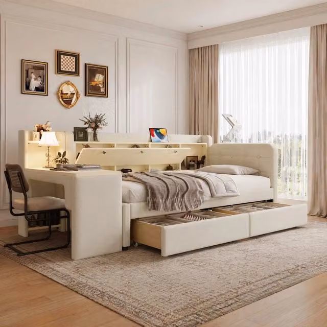 Letto da giorno ULEVR 90x200 cm con scrivania reversibile, 2 cassetti, USB e Type-C, beige