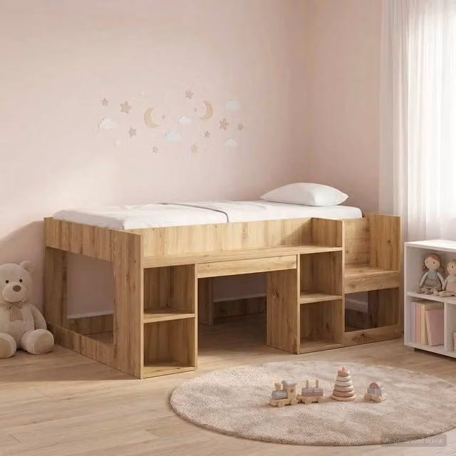 Letto singolo rialzato per bambini vidaXL con scomparti laterali in legno color rovere e marrone L/P/H: 160 x 80 x 108,5 cm