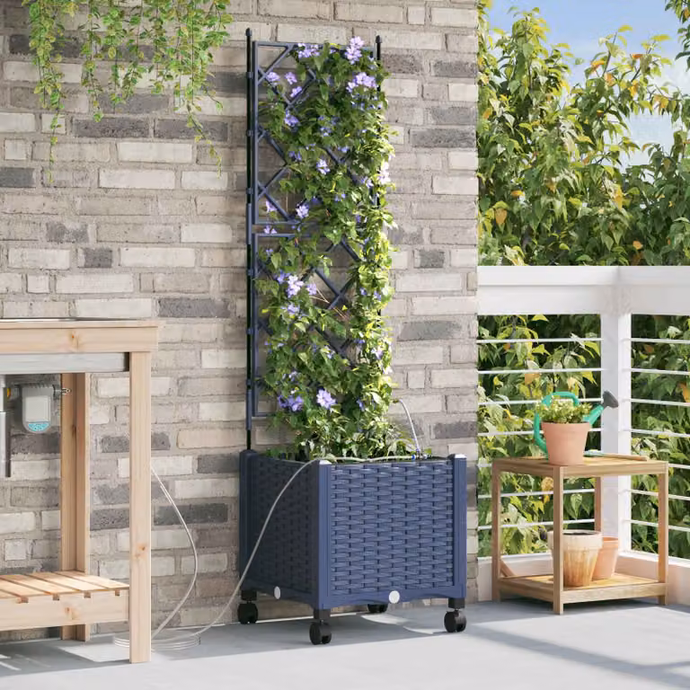 vidaXL Vaso da Giardino con Irrigazione e Ruote in Plastica Grigio