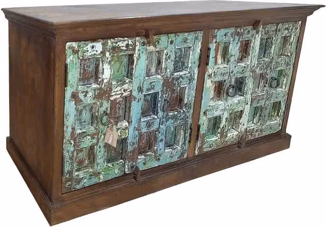 Credenza artigianale in legno Wanderlust Deco blu multicolore L: 212 cm, P: 52 cm, H: 98 cm