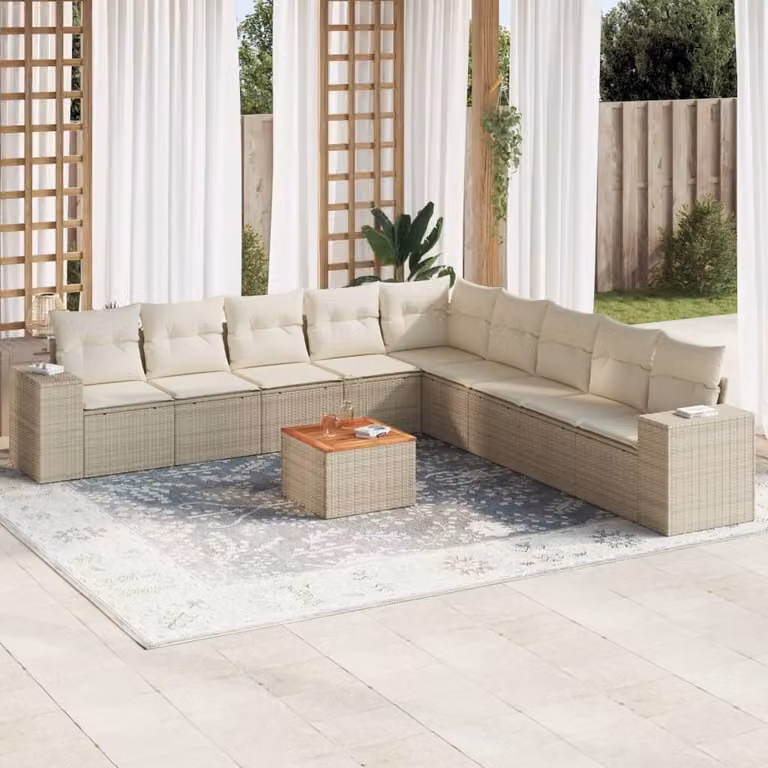 Set Divano da Giardino vidaXL 10 pz a L con Cuscini Beige in Polyrattan e Legno di Acacia