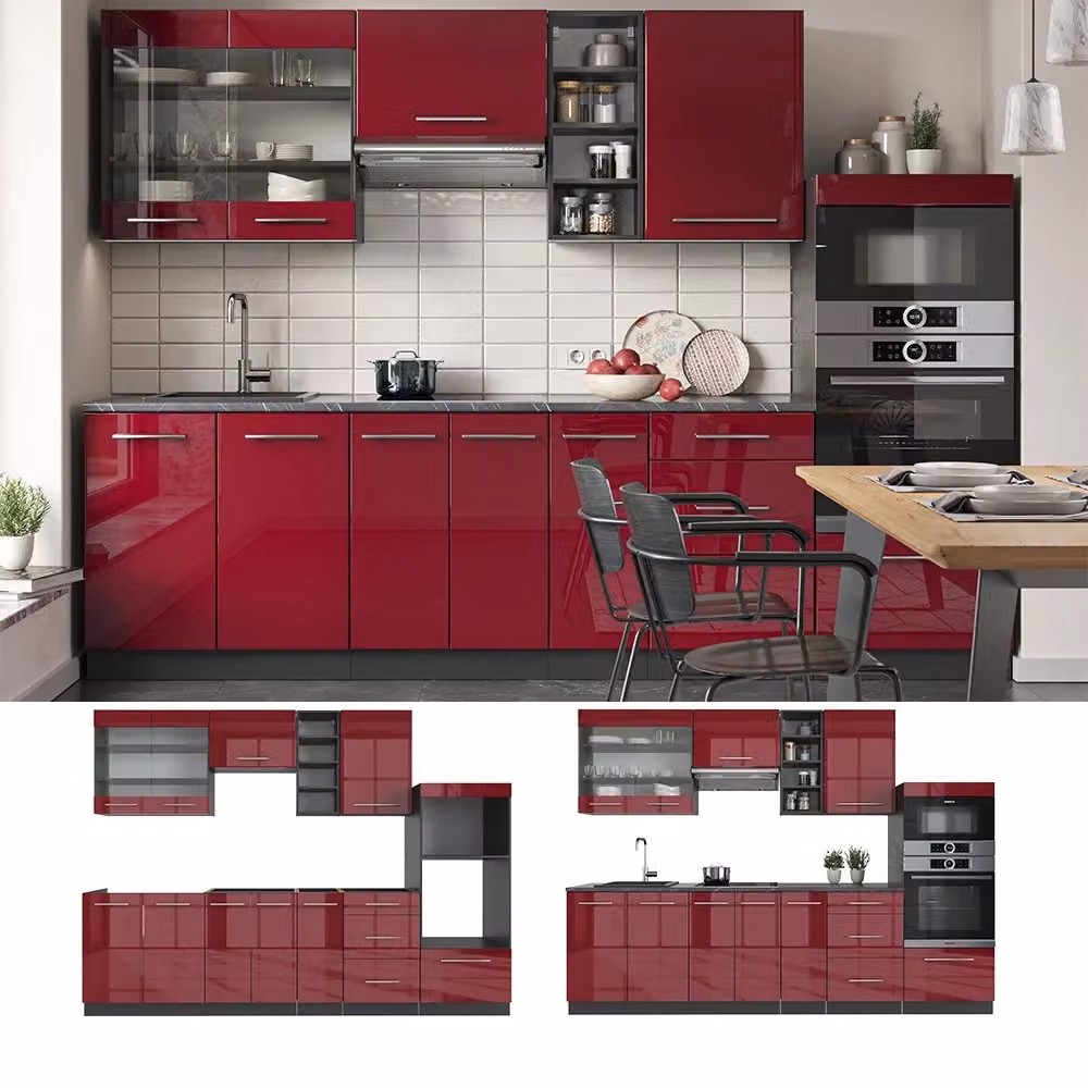 Cucina componibile moderna Vicco Fame-Line Bordeaux lucido e Antracite con piano in Rovere, L: 280 cm – 2