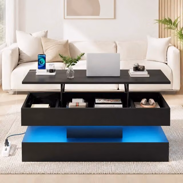 Tavolino da salotto ULEVR 100x50x42 cm con piano sollevabile, LED Bluetooth, prese integrate e vano nascosto, nero