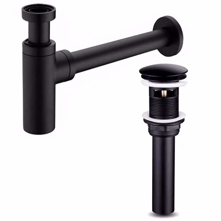 Set da 2: gruppo di scarico a sifone e gruppo di scarico con troppopieno per lavabo, valvola di scarico in ottone nero