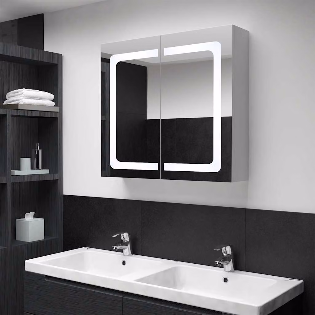 Armadietto da bagno con specchio e illuminazione LED vidaXL, Bianco e Argento, L: 80 cm, P: 12,2 cm, H: 68 cm – 1