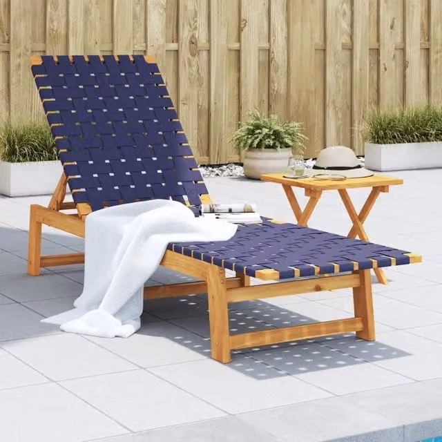 Lettino prendisole vidaXL in legno di acacia oliato con tessuto blu e marrone, poggiatesta regolabile e struttura multi-posizione per giardino e terrazzo