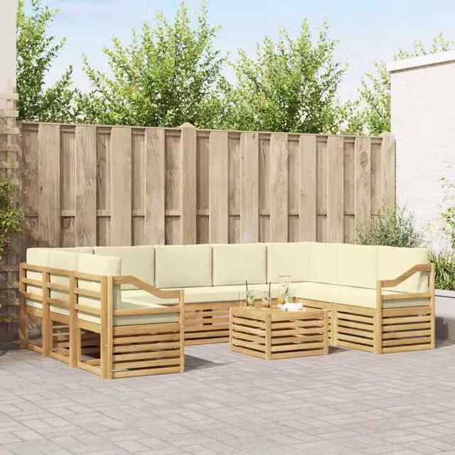 Set di divani da esterno a forma di U vidaXL in legno di acacia beige con cuscini inclusi