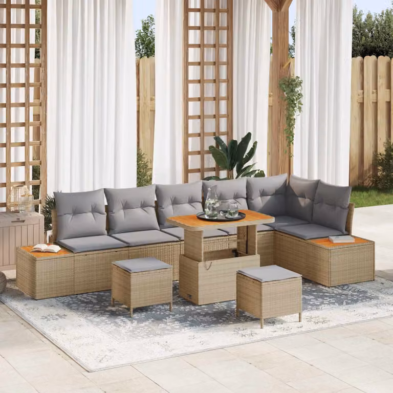 Set Divano da Giardino vidaXL 9 Pezzi a Forma di L con Tavolino e Cuscini, Beige e Grigio