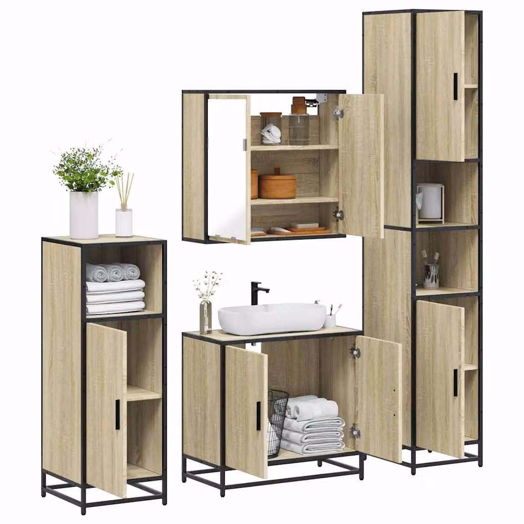 Set di mobili da bagno industrial vidaXL 4 pezzi in legno e metallo marrone con armadietto specchio, mobile lavabo, mobile laterale e colonna alta