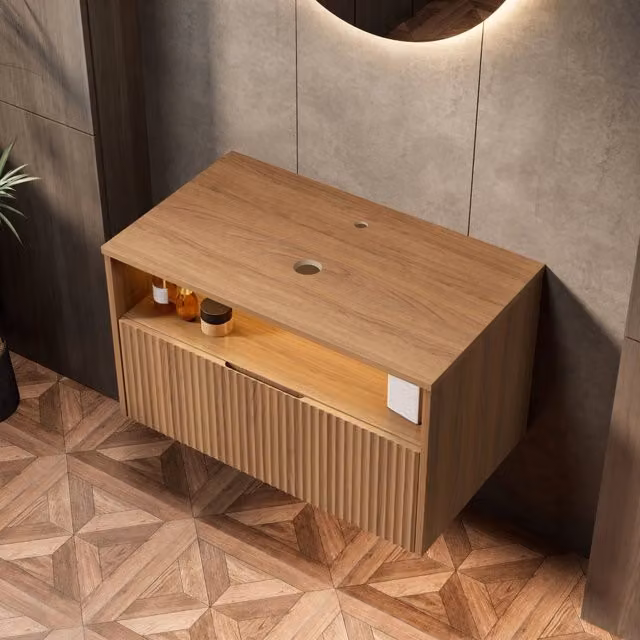 Mobile bagno sospeso MODFU in legno di rovere marrone opaco con cassetti
