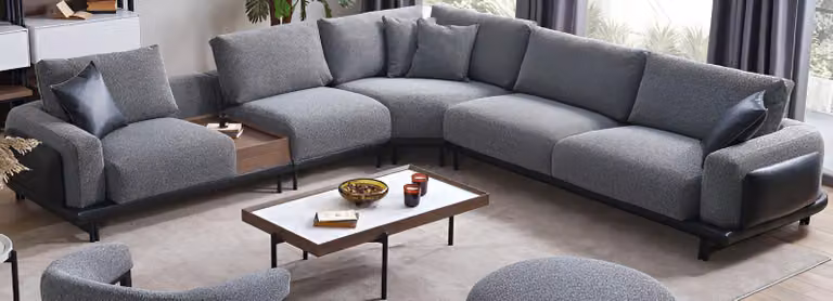 Divano angolare moderno a forma di L e tavolino da caffè dal design elegante, set grigio