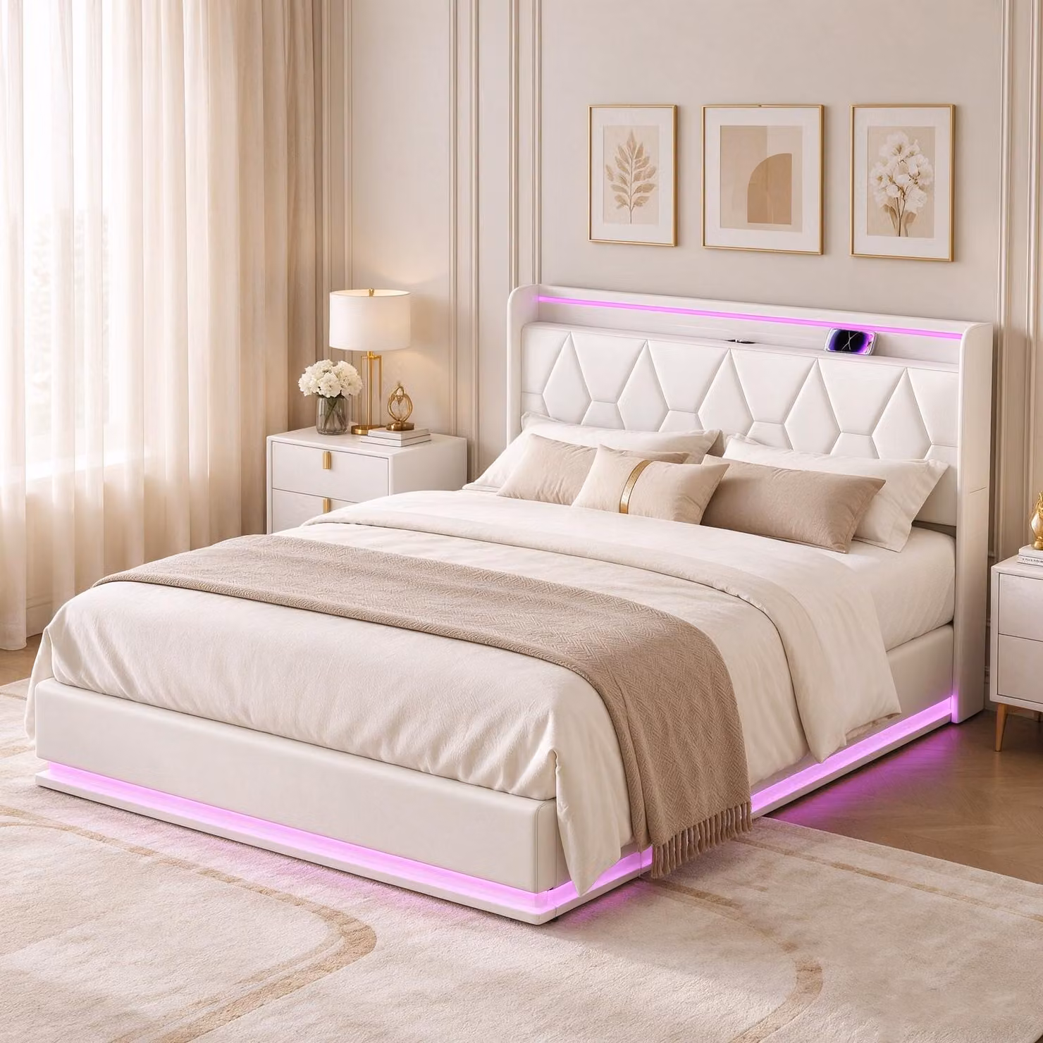 Letto matrimoniale con boxspring INONEFT, 140x200 cm, letto imbottito con LED e USB, letto con sistema di sollevamento idraulico, contenitore, rete a molle e testiera, in velluto, colore bianco
