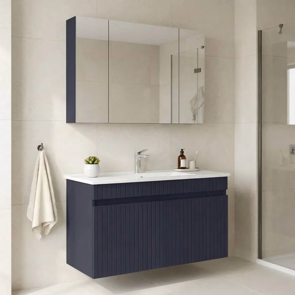 Set mobile lavabo con specchio Tivoli 100 di HANAH HOME, Blu navy opaco, L: 100 cm, P: 45 cm, H: 57 cm – 2