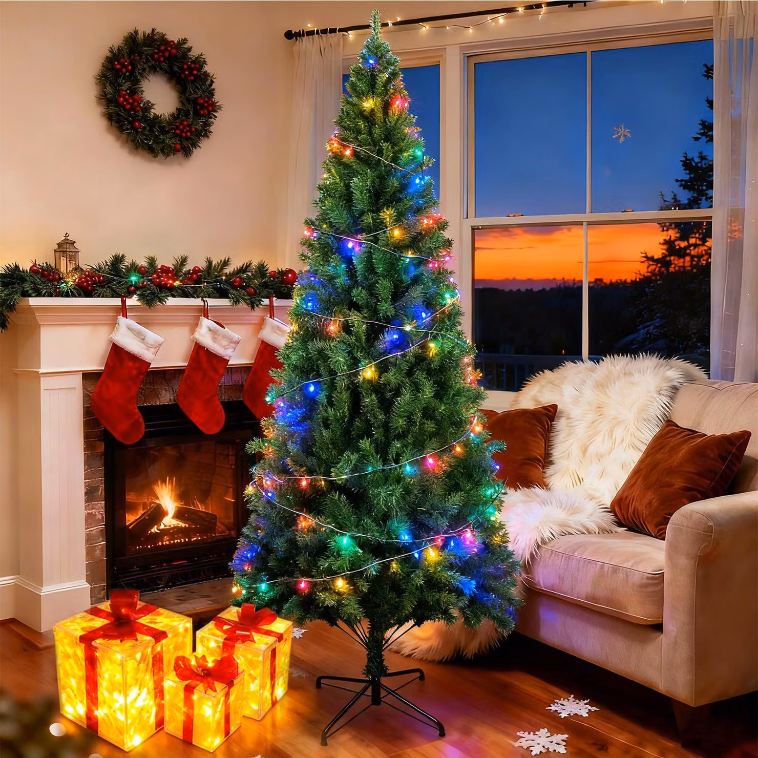 ZMH Albero di Natale Artificiale 210 cm con 3 Set Confezione Regalo（Luci LED 8 Modalità di Luce ） 2 metri di lunghezza di luci colorate per decorazioni natalizie interne