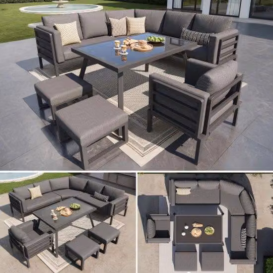 Arredamento da terrazzo, set da tavolo a forma di semicerchio per 8 persone / Struttura in acciaio robusta con cuscini grigi / Il set include un tavolo in vetro, 1 poltrona e 2 sedie / Arredamento da balcone resistente alle intemperie