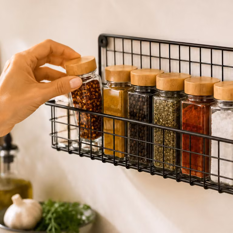 Ripiano portaerbe in metallo, set da 4 pezzi, da montare a parete, con adesivo, per armadi della cucina