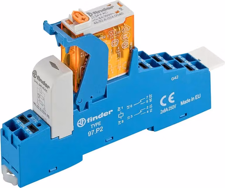 Finder Relè di commutazione 230 V CA, 2 contatti in scambio 8 A, Push-In, LED – 4C.P2, 1 pz.