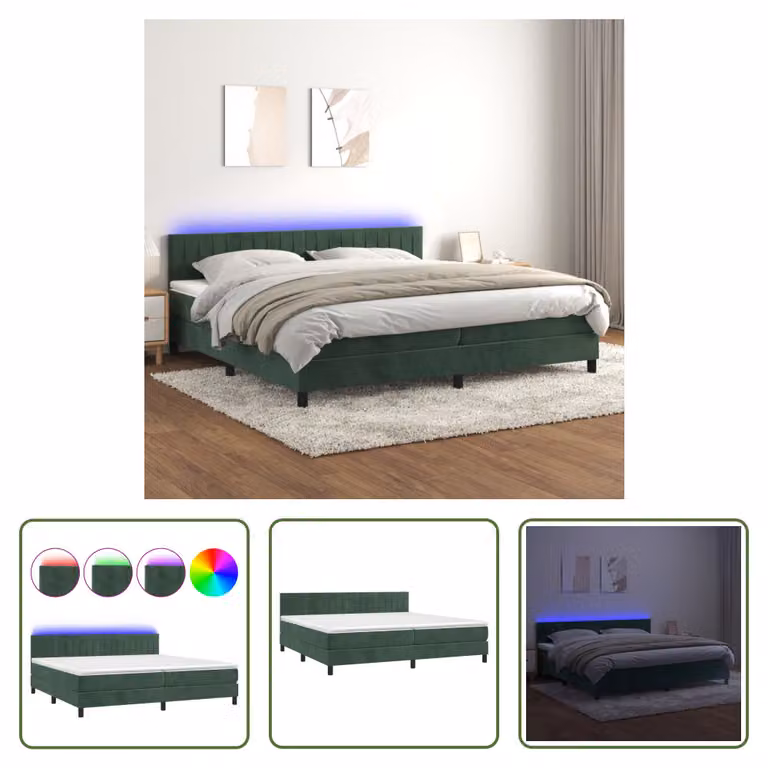 The Living Store Letto a molle con materasso e LED Verde scuro 200x200 cm in velluto