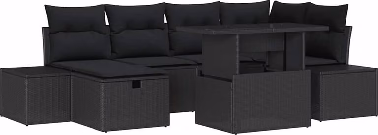 Set Divano da Giardino con cuscino 7 pcs Nero Poly Rattan