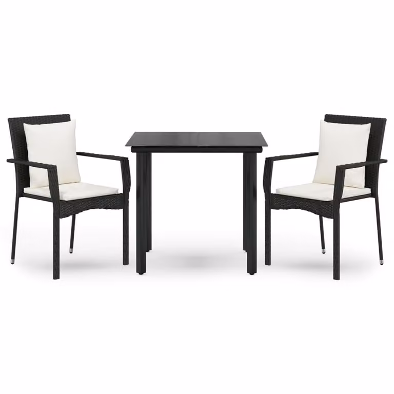 Set da Pranzo da Giardino 3 pz con Cuscini Nero in Polyrattan