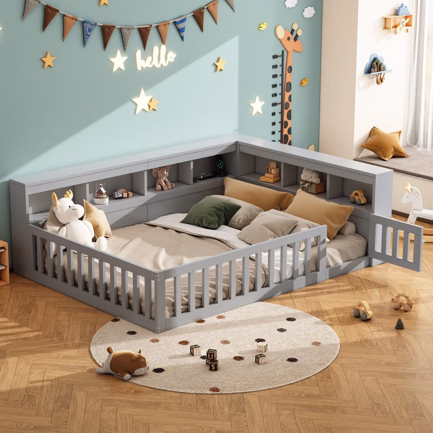 Merax daybed 140x190cm, daybed con contenitore e recinzioni, divano letto con presa e USB, letto per bambini, letto per ragazzi, grigio