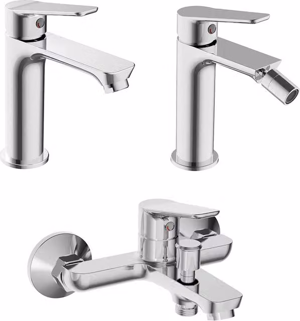 Set di rubinetteria per lavabo, bidet e vasca linea Vegas in ottone con finitura cromata e piletta click clack