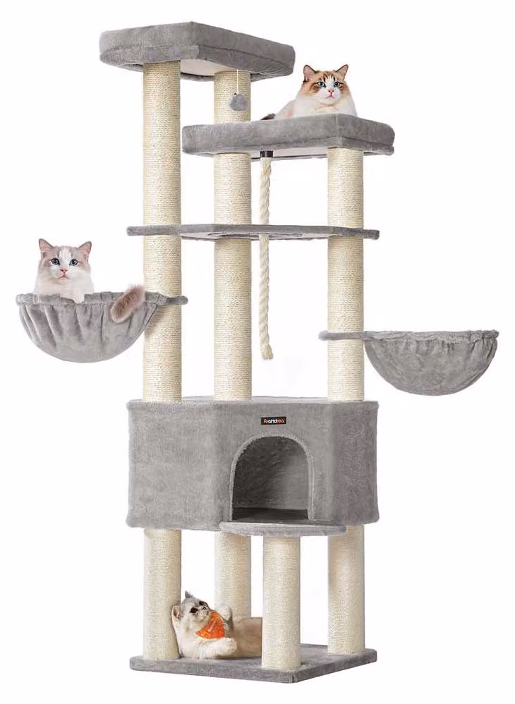 Albero per graffi di grandi dimensioni, ideale per grandi felini – Torre per arrampicata – Casetta giochi – – Grigio e bianco – 55 x 55 x 186,7 cm