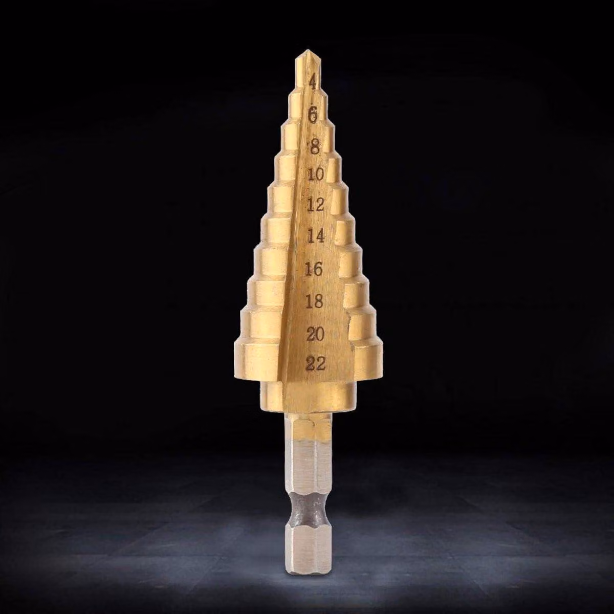 Trapano a tappe, 1 pezzo, acciaio ad alta velocità rivestito, punta da trapano a tappe, 4-22 mm, gambo esagonale, punta conica