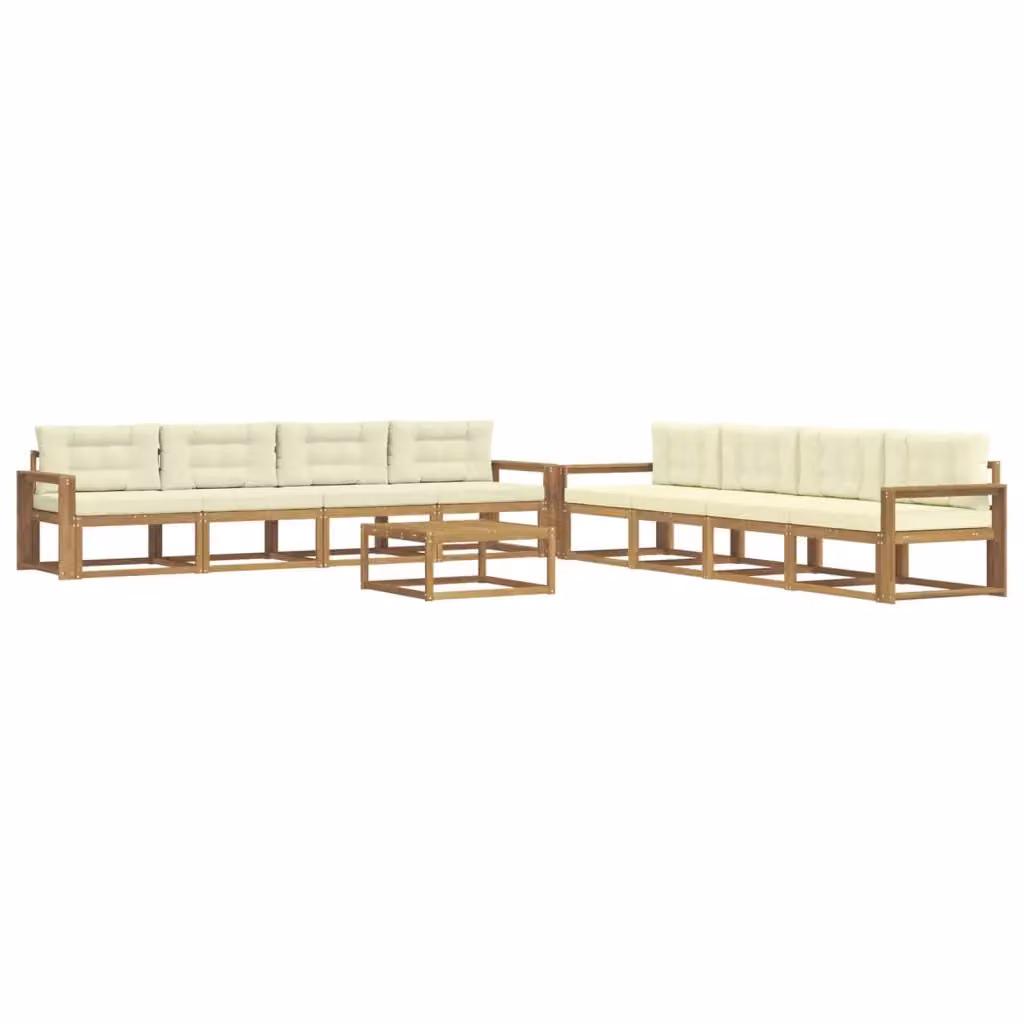 Set di divani da esterno a forma di U vidaXL composto da 9 pezzi con tavolino da giardino, realizzato in legno di acacia e tessuto bianco e beige – 2