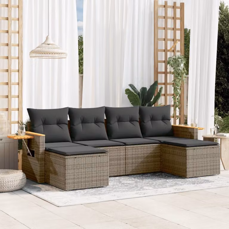 vidaXL Set Divano da Giardino a L 6 pz in Polyrattan Grigio con Cuscini e Tavolino
