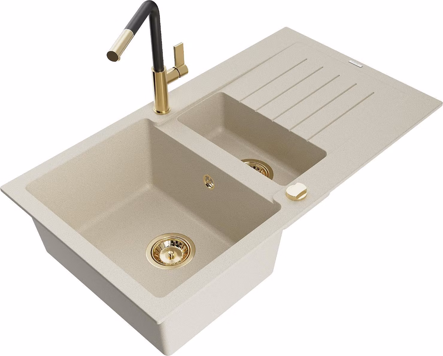 Mexen Matias lavello in granito 1,5 vasca con sgocciolatoio e miscelatore da cucina Flora, beige - 6502-69-670401-57-G