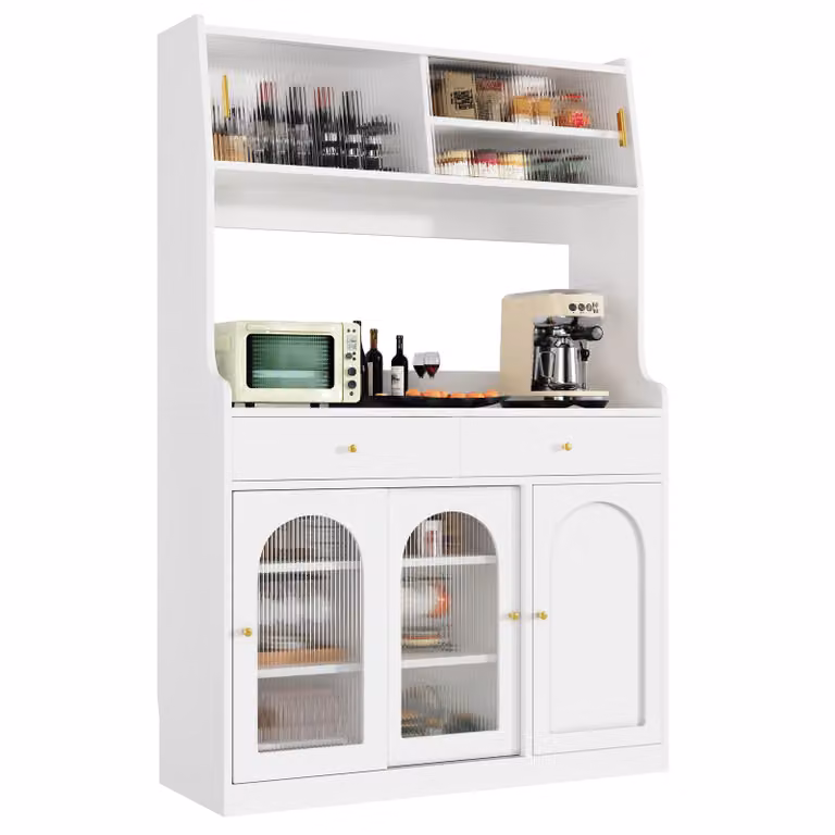 Armadio alto Flieks con LED e ante scorrevoli in vetro, mobile contenitore 120x40x180 cm, buffet da cucina con ripiani regolabili, bianco