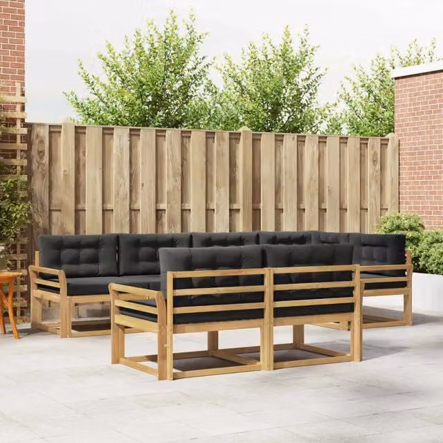 Set di divani da esterno a L vidaXL in legno di acacia con cuscini bianchi e antracite
