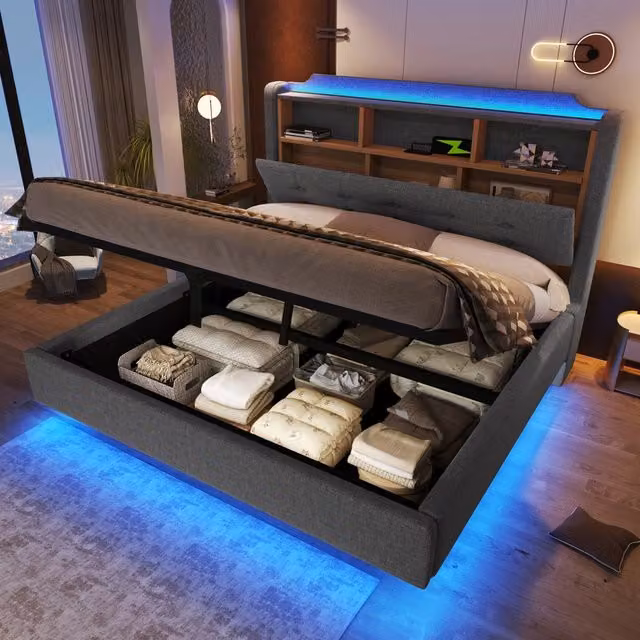 Letto imbottito 140 × 200 cm con vano idraulico LED USB e tipo C in lino e MDF grigio