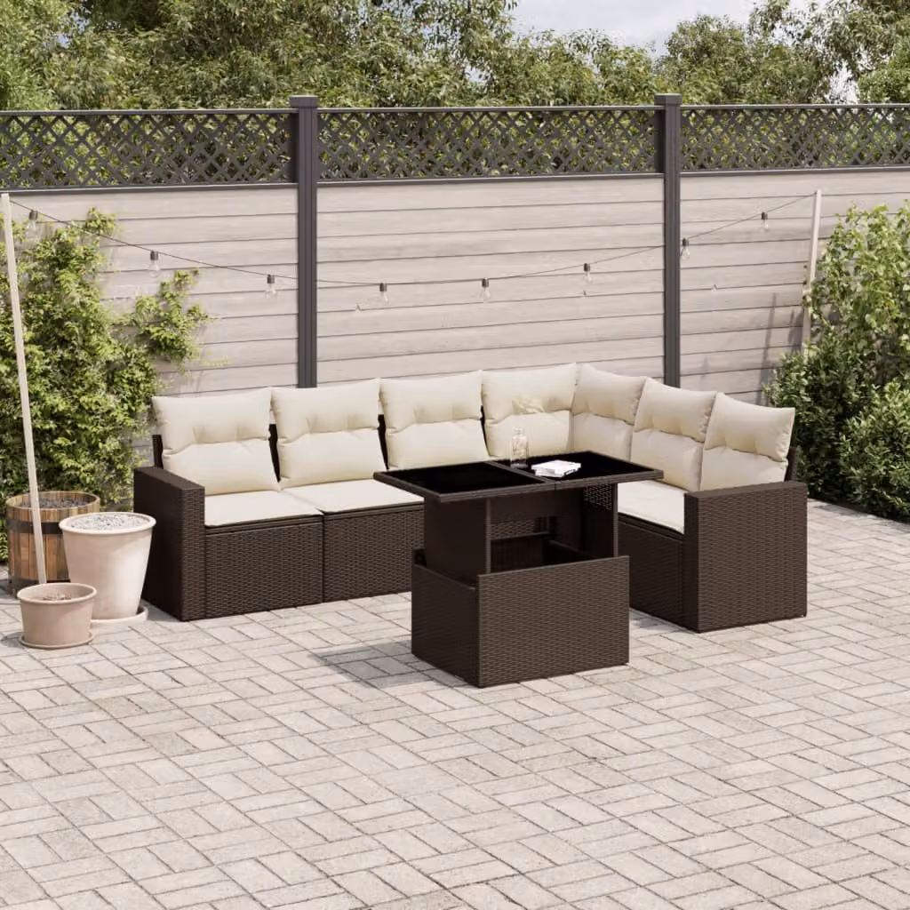 vidaXL Set Divani da Giardino 7 pz a Forma a L con Cuscini Marrone e Bianco in Polyrattan – 1
