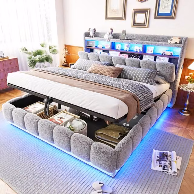 Letto imbottito matrimoniale 180 x 200 cm con contenitore idraulico, rivestimento effetto pelliccia, LED, USB e rete a doghe in metallo - Grigio