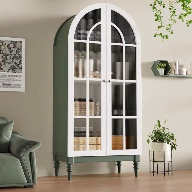Vetrina con ante doppie in vetro rigato; 3 ripiani; struttura in MDF verde scuro e bianco 76 × 38;5 × 165 cm