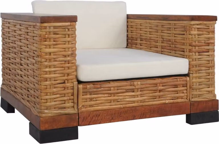 The Living Store Poltrona con cuscini in rattan naturale marrone