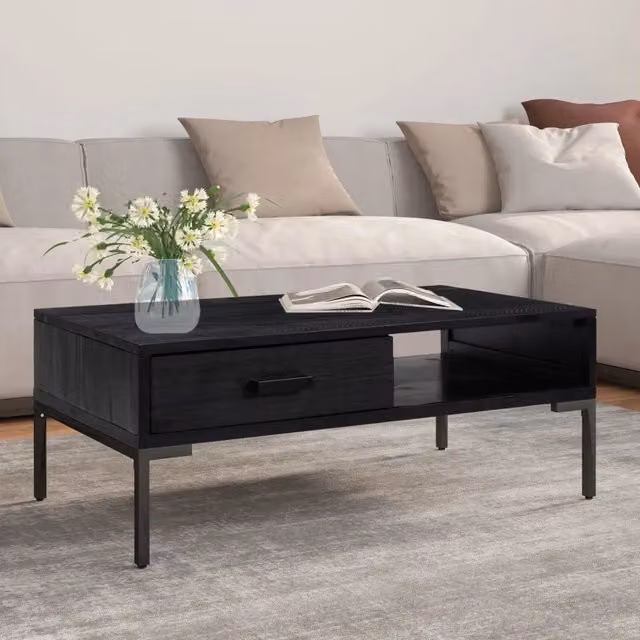 Tavolino da salotto rettangolare vidaXL in legno di pino e metallo nero L: 90 cm, P: 50 cm, H: 35 cm