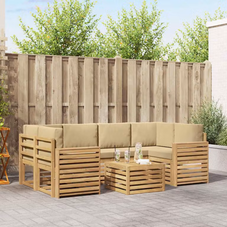 Set di divani da esterno vidaXL a forma di L composto da 7 pezzi in legno di acacia con cuscini bianchi e beige