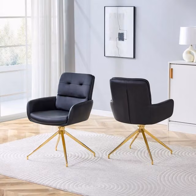 Set di 2 sgabelli girevoli 360 gradi WISHDOR in ecopelle nera con gambe in metallo dorato per sala da pranzo e zona relax
