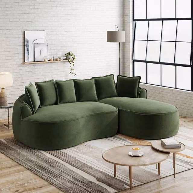 Divano modulare senza telaio con chaise longue; seduta profonda 122 cm; chenille; verde