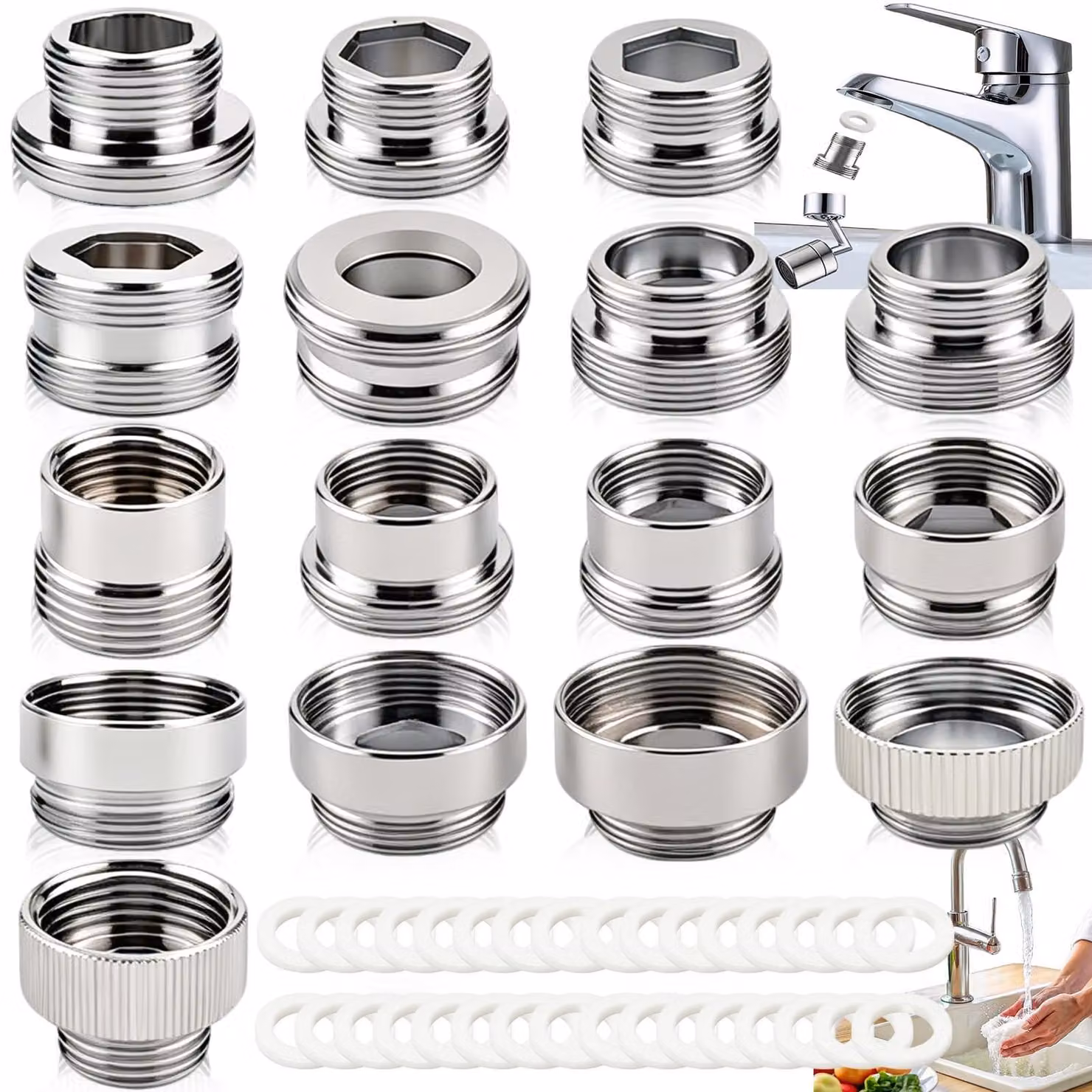 Set di adattatori per rubinetti, 16 pezzi - Filettatura interna/esterna - Adattatore per aeratore da cucina - Purificatore d'acqua in rame - Acciaio inossidabile - Resistente alla corrosione - Accessori per rubinetti