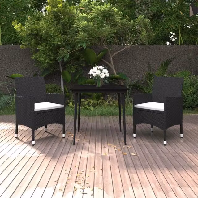 Set da Pranzo da Giardino 3 pz vidaXL in Polyrattan con Vetro e Cuscini, Bianco e Nero – 1