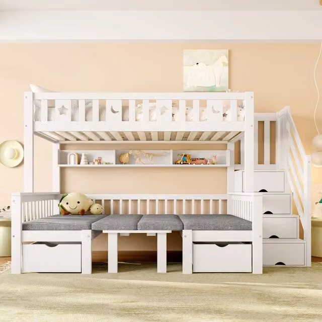 Letto a soppalco bianco 90x200 cm con scrivania pieghevole; letto inferiore trasformabile e scala contenitore; in pino e MDF