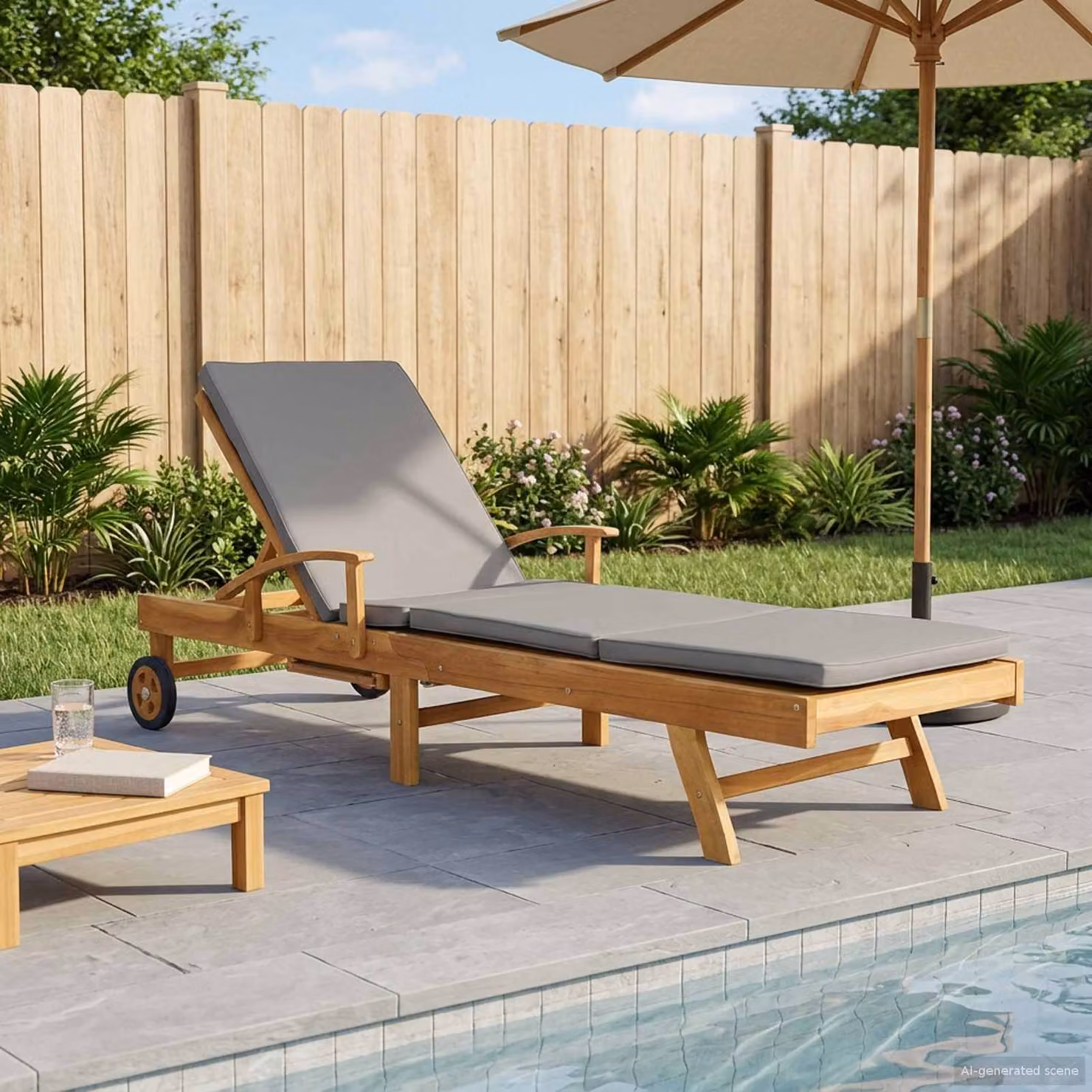 vidaXL Lettino da giardino in legno di teak con cuscino grigio e vassoio laterale