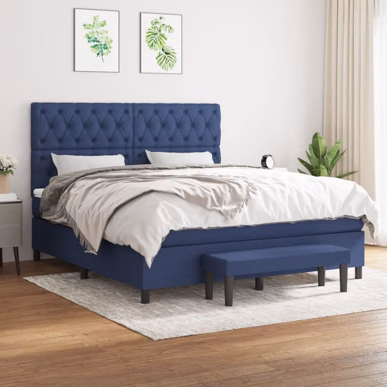 vidaXL Giroletto a Molle Ibrido con Materasso in Tessuto Blu e Bianco L/P/H: 160 x 200 x 128 cm